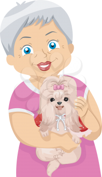 Illustration of an Elderly Woman Carrying a Little Dog