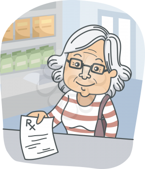 Illustration of an Elderly Woman Presenting a Prescription at a Pharmacy