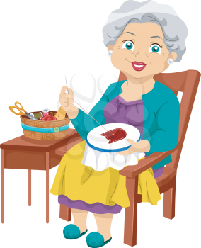 Illustration of an Elderly Woman Working on an Embroidery Project