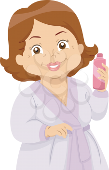 Illustration of an Elderly Woman at a Spa Holding a Bottle of Lotion