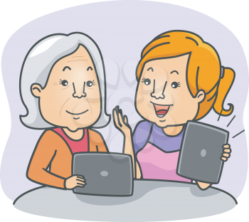 Illustration of a Young Woman Teaching Her Grandmother How to Use a Tablet