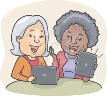 Illustration of Elderly Women Discussing What They are Watching on Their Tablets