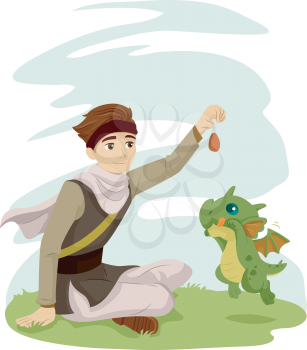 Whimsical Illustration of a Man Training a Little Dragon