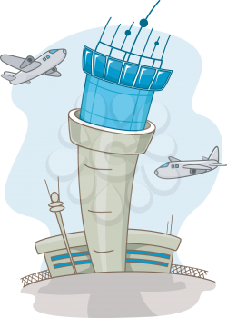 Illustration of Airplanes Circling Around a Control Tower