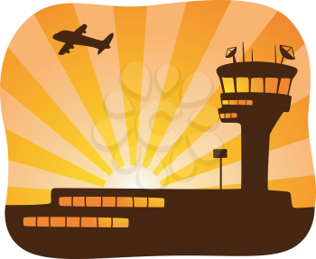 Illustration of a Plane Flying Away from a Control Tower at Sunset