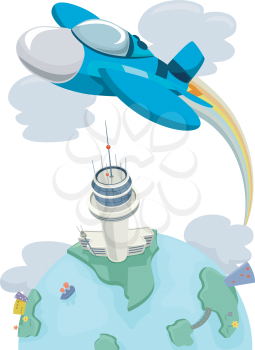 Illustration of a Fighter Plane Flying Over a Control Tower