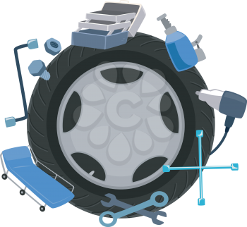 Illustration of a Wheel Surrounded by Mechanical Tools
