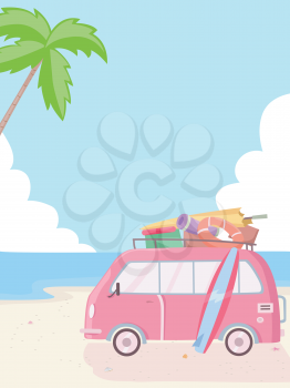Illustration of a Pink Van Parked Beside the Beach
