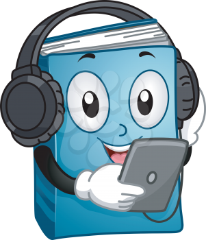 Mascot Illustration of a Book listening to an audio book version in a tablet