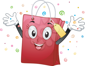 Mascot Illustration of a Happy Shopping Bag while raising her hands