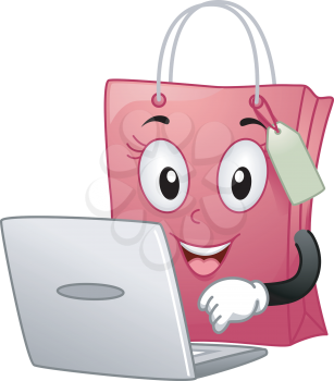 Mascot Illustration of a Shopping Bag while busy checking Online Shop