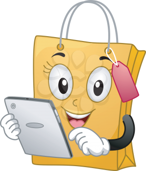 Mascot Illustration of a Shopping Bag while checking a tablet