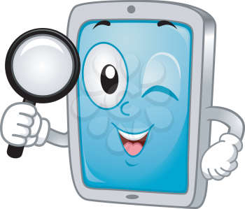 Mascot Illustration of a Tablet / Mobile Phone handling a Magnifying Glass searching for App