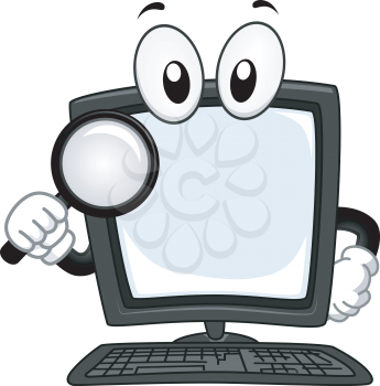 Mascot Illustration of a Computer handling a Magnifying Glass