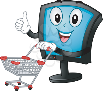 Mascot Illustration of a Monitor pushing a Shopping Cart