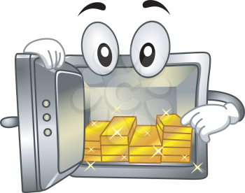 Mascot Illustration of a Vault showing Gold Bars Inside