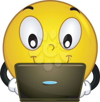 Mascot Illustration of a Smiley while busy checking his laptop