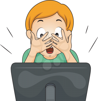 Illustration of a Boy covering his face while watching an internet show