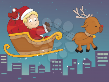 Illustration of a Boy Kid Wearing A Santa Claus Costume Riding on a Sleigh Reindeer