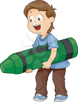 Illustration of a Kid Boy Carrying a Big Green Crayon