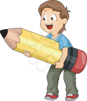 Illustration of a Kid Boy Carrying a Big Pencil