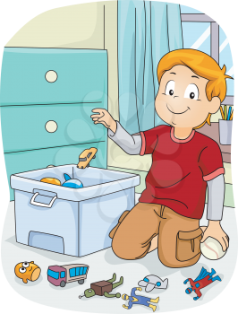 Illustration of a Boy doing Household Chores by Putting His Toys Inside a Store Box