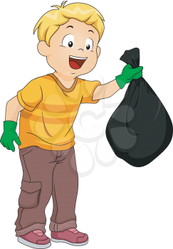 Illustration of a Boy Handling a Plastic Garbage Bag