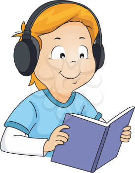 Illustration of a Boy Listening to an Audio while Reading a Book
