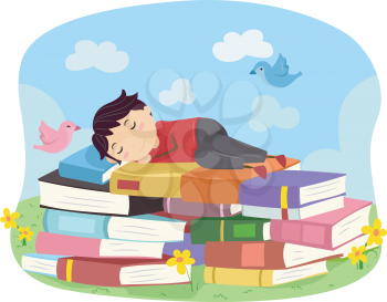 Illustration of a Boy while Sleeping on Books