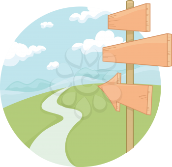Illustration of Sign Boards along the Road with a Mountain and Sky View