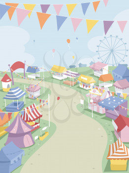 Illustration of a Big Theme Park Surrounded by Festival Booths