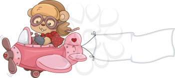 Illustration of a Female Bear Stuffed Toy while Riding an Airplane with a Banner