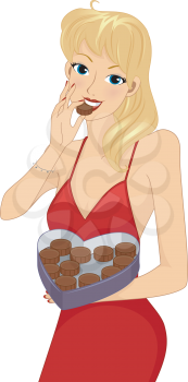 Illustration of a Girl Eating Chocolates Out of a Box