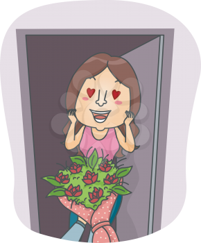 Illustration of a Girl Lovestruck Over the Flowers She Received