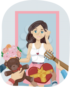 Illustration of a Gorgeous Teenage Girl Flooded with Gifts from Her Suitors