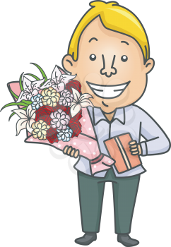 Illustration of a Man Carrying a Gift Together with a Bouquet of Flowers