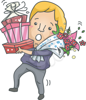 Illustration of a Clumsy Man Carrying a Tall Stack of Gifts