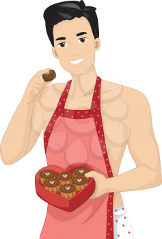 Illustration of a Half Naked Man in an Apron Eating Chocolates