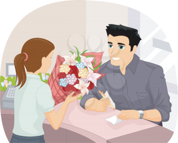 Illustration of a Man Writing a Note to Go Along with the Flowers He is Purchasing