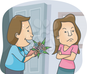 Illustration of a Man Offering a Bouquet of Flowers as an Apology