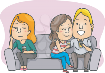 Illustration of a Woman Getting Bored While Hanging Out with Her Friend and Her Boyfriend