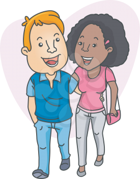 Illustration of an Interracial Couple Taking a Walk