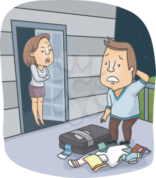 Illustration of an Angry Wife Kicking Her Husband Out of the House