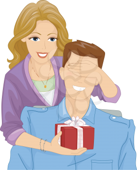 Illustration of a Woman Surprising Her Boyfriend with a Gift