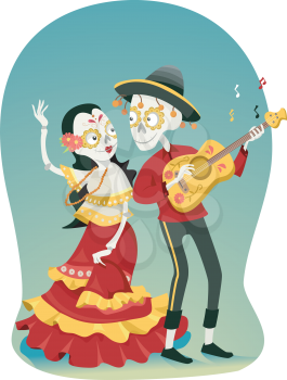 Illustration of a Coule Sugar Skulls Dancing and Playing the Guitar