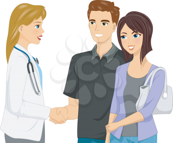 Illustration of Man Shaking Hands with a Doctor Together with His Wife