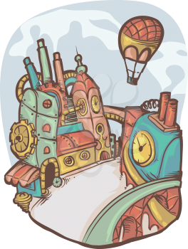 Illustration of a Futuristic Steampunk Doodle City