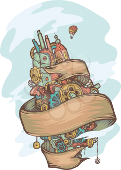 Illustration of an Imaginative Steampunk Doodle Floating Island Ribbon