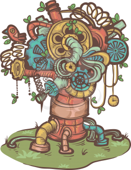 Illustration of a Fantasy Steampunk Doodle Tree