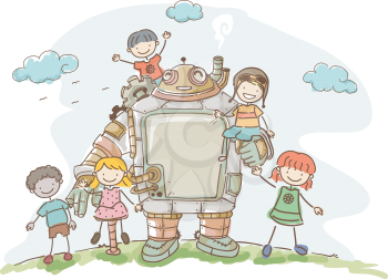 Illustration of a Set of Kids Playing with their Steampunk Robot Friend
